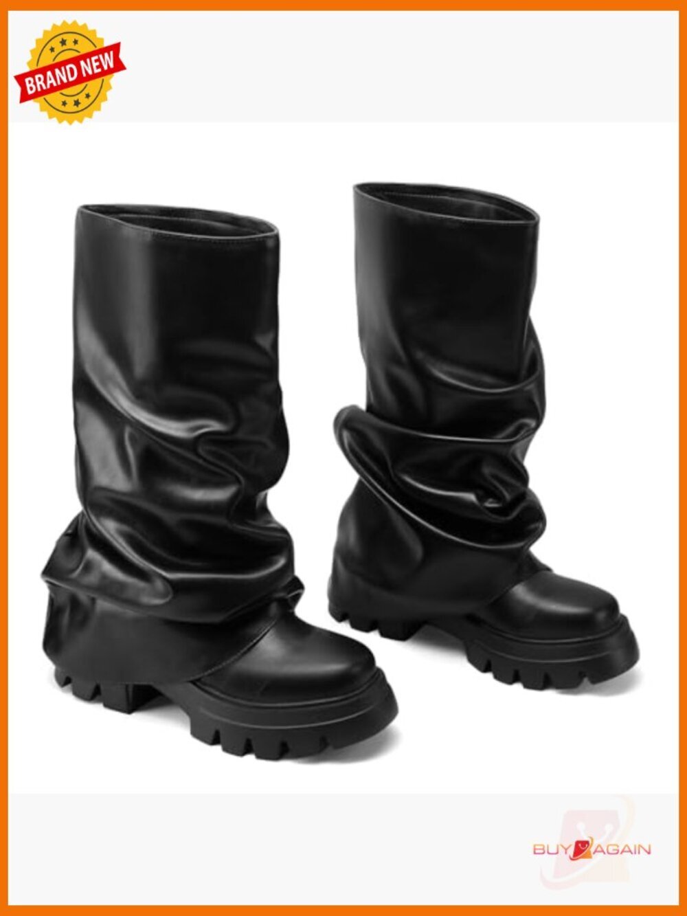 Fold Over Slouchy Mid Calf Platform Boots Chunky Heel - Picture 4 of 7